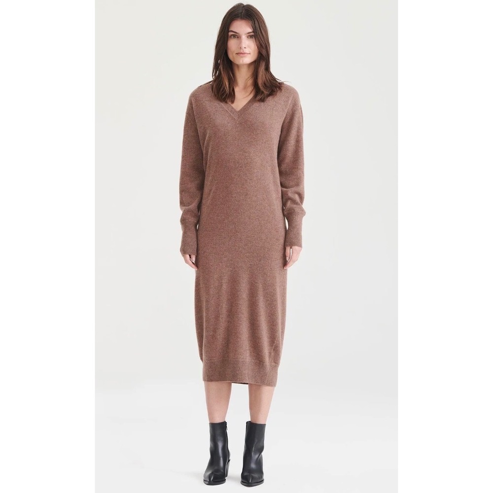 NAADAM Signature Cashmere‎ V-Neck Midi Dress in Latte XXS Pristine Condition